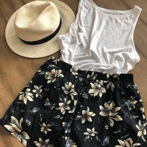 High-waisted black floral shorts